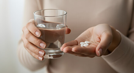 Person Holding Glass of Water and White Pills in Hand in Neutral Indoor Setting