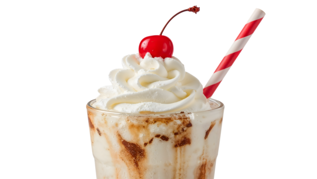 Classic vanilla milkshake with whipped cream, cherry, and striped paper straw in glass on the transparent background, refreshing summer dessert concept