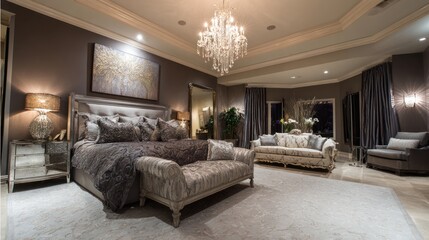 Elegant master bedroom featuring large bed, chandelier, and cozy sitting area