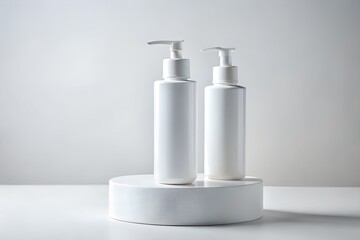 Obraz premium Two white pump bottles on a textured pedestal against a light background