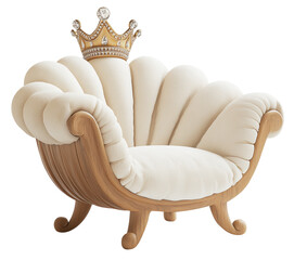 Luxurious chair designed like crown, symbolizing comfort and elegance, with plush upholstery and wooden frame., isolated