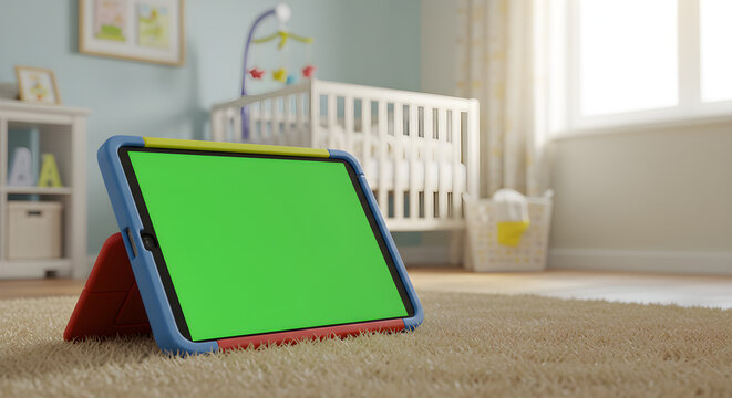 Colorful Tablet with Green Screen Display in a Childs Room Setting.