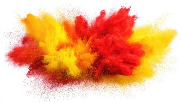 Explosive burst of vibrant yellow and red powder against a white background