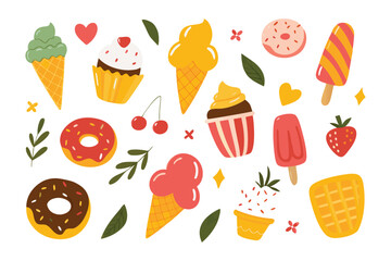 Sweet Treats Assortment: A vibrant collection of delicious treats, featuring an array of ice cream cones, cupcakes, donuts, popsicles, waffles, and fresh fruit.