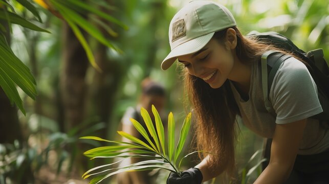 Volunteer planting tropical plants in a rainforest during a reforestation project