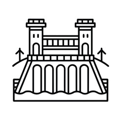 A minimalist black and white line drawing depicts a substantial bridge structure featuring two prominent towers, a connecting walkway, and multiple arches over water.