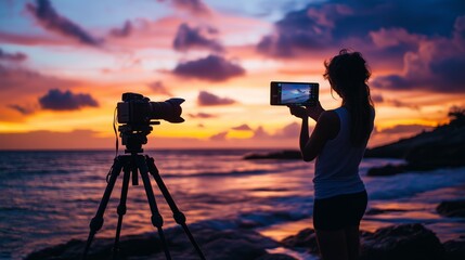 Woman capturing sunset with camera and tablet on beach during vibrant evening