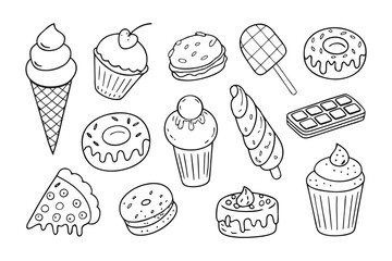 Sweet Delights: A charming collection of hand-drawn sweets. Including a creamy ice cream cone, a delectable cupcake, a scrumptious sandwich.