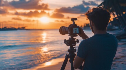 Capturing a stunning sunset over the ocean at the beach while a photographer works with his camera equipment