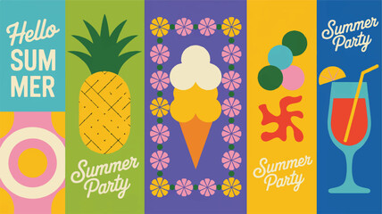 Five colorful panels with summer icons and text Hello Summer Party pineapple ice cream