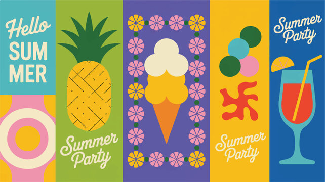 Five colorful panels with summer icons and text Hello Summer Party pineapple ice cream