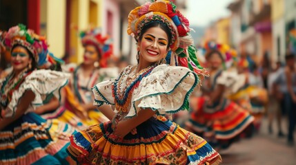 Fototapeta premium Colorful traditional dancers perform in vibrant costumes during a street festival in a lively village setting