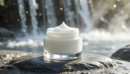 Natural Skincare Cream in a Glass Jar Placed on a Wet Rock with a Refreshing Waterfall in the Background, Symbolizing Purity, Nature, and Hydrating Beauty Products