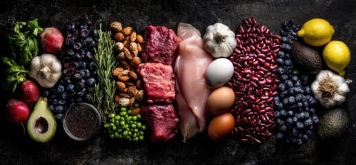Colorful array of whole foods arranged on a dark surface