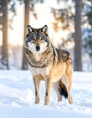 Obraz premium A gray wolf stands in a snowy forest at sunset, alert and focused