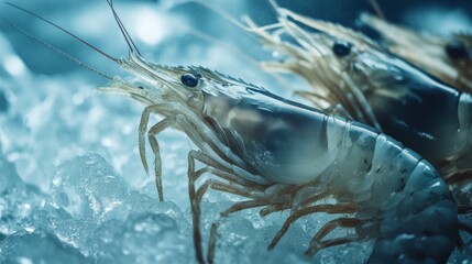 Fresh, raw shrimps on ice, close-up view.