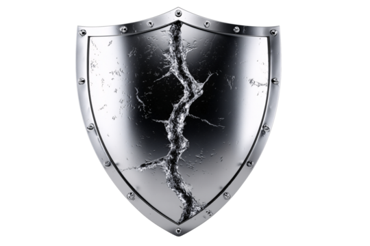 Cracked metal shield with water splash effect, Shiny silver surface with dramatic impact, Symbolic image for protection and weakness