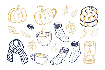 Autumn Cozy Collection: A captivating illustration showcases an assortment of autumnal elements, capturing the essence of warmth and comfort. Featuring pumpkins, candles, leaves.