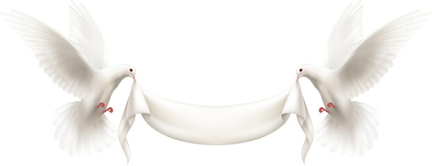 Doves of peace holding a banner: Two pristine white doves gracefully soar, each carrying a blank banner, symbolizing unity, peace, and hope. A perfect illustration for messages of harmony.