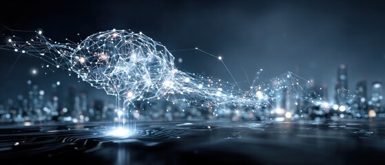 Abstract representation of a brain connected to a city at night