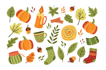 Cozy Autumn Collection: An artistic collection featuring seasonal elements of pumpkins, leaves, candles, and cozy elements, perfect for capturing the essence of fall.