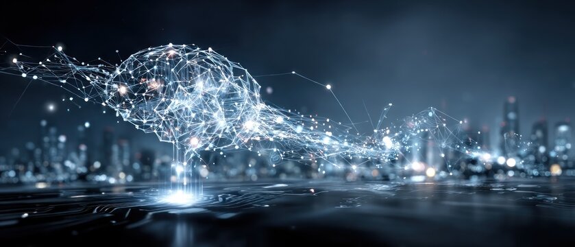 Abstract representation of a brain connected to a city at night
