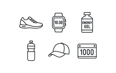 Fototapeta premium simple outline stroke icon items marathon runner (gear): running shoes sports watch energy gel water bottle running cap race bib monoline icons style isolated on white background