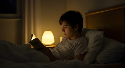Young man engrossed in a book under the soft glow of a bedside lamp at night