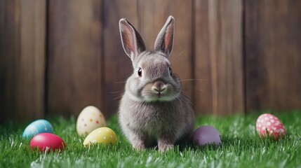 Cute grey bunny rabbit sitting in grass with colorful Easter eggs.