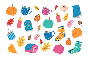 Autumnal Comforts: A whimsical assortment of cozy autumn elements, including pumpkins, mugs, socks, leaves, and candles, evokes the warmth and joy of the season.