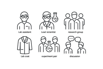 simple outline stroke icon items medical researcher (team): lab assistant lead scientist research group lab coat experiment pair discussion monoline icons style isolated on white background