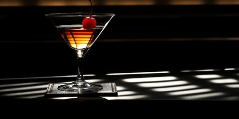 A martini glass with a cherry, illuminated by shadows.