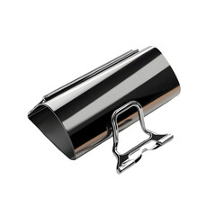 A stylized 3D illustration of a sturdy, metallic binder clip with a reflective chrome finish, isolated on a clean white background.