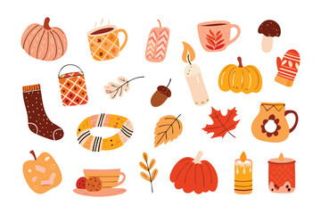 Autumnal Ambiance: A delightful collection of hand-drawn fall-themed elements evokes the cozy spirit of autumn, filled with pumpkins, candles, cups, and fall leaves.
