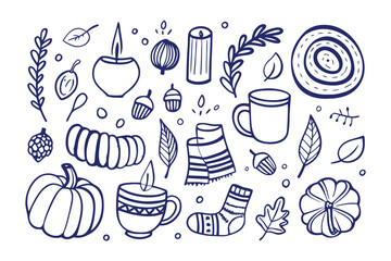 Cozy Autumn Icons: A delightful collection of hand-drawn fall-themed icons. Featuring pumpkin, autumn leaf, candle, cup, scarf, and seasonal items, the images creates a feeling of warmth.