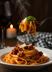 A fork twirling fresh, steaming tagliatelle pasta coated in a rich, glossy bolognese sauce.