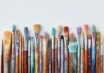 Fototapeta premium Colorful paintbrushes in various sizes and colors, arranged in a horizontal row against a white background