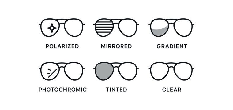 simple outline stroke icon items sunglasses lens (types): polarized mirrored gradient photochromic tinted clear monoline icons style isolated on white background