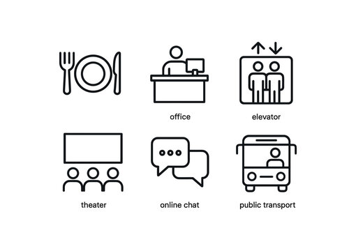 simple outline stroke icon items social etiquette (settings): dinner table office elevator theater online chat public transport monoline icons style isolated on white background