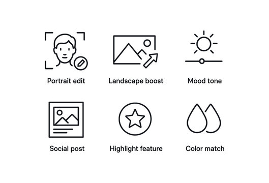 simple outline stroke icon items digital photo filter (uses): portrait edit landscape boost mood tone social post highlight feature color match monoline icons style isolated on white