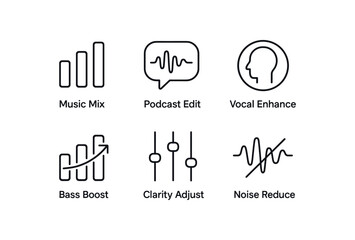 simple outline stroke icon items audio equalizer (uses): music mix podcast edit vocal enhance bass boost clarity adjust noise reduce monoline icons style isolated on white background