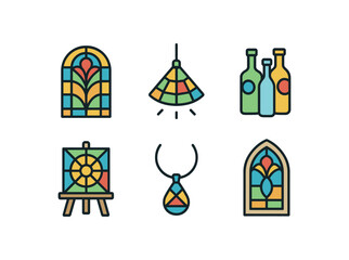 simple outline stroke icon items colored glass (uses): window decor lighting bottles art jewelry architecture monoline icons style isolated on white background