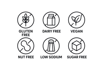 simple outline stroke icon items dietary re simple outline stroke icon itemsiction (types): gluten free dairy free vegan nut free low sodium sugar free monoline icons style isolated on