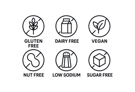 simple outline stroke icon items dietary re simple outline stroke icon itemsiction (types): gluten free dairy free vegan nut free low sodium sugar free monoline icons style isolated on