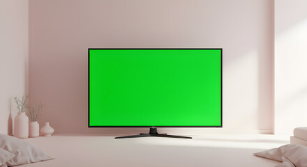 Modern Flat Screen TV Mockup in a Minimalist Bedroom Setting.