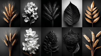 Black silhouette of ripe ears of cereal plants. Set of wheat, rye, barley, millet, oat ears or rice. Set of shadow elements symbol of grain agricultural crops, vector