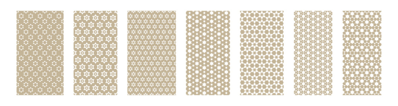 Set of Seamless Geometric patterns inspired by traditional and cultural motifs. The patterns incorporate stylized six-pointed Jewish stars (Stars of David), abstract floral shapes