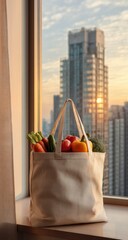 Reusable grocery bag filled with produce by window, city view