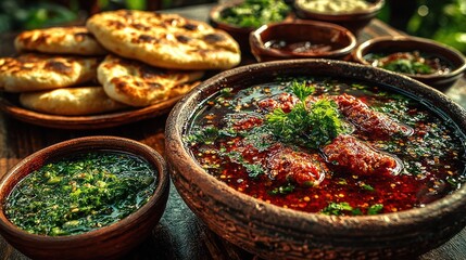 Assorted dishes of a hearty meal, including breads, stew, and sauces