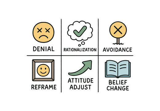 hand drawn cute doodle style line isolated on white background cognitive dissonance filter (responses): denial rationalization avoidance reframe attitude adjust belief change